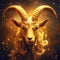 Zodiac sign of Capricorn, fantasy gold goat on night sky background, generative AI