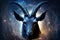Zodiac sign of Capricorn, head of goat with magic light in space, generative AI