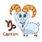 Zodiac sign cartoon Capricorn, astrological character. Painted funny capricorn with a symbol isolated on white background, vector