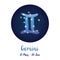 Zodiac sign Gemini in cosmic stars space with Gemini constellation icon. Blue starry night sky inside circle background. Galaxy sp