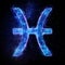 Zodiac sign icon Pisces, blue neon hologram on a dark background of the starry sky, horoscope signs. The concept of fate,