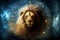 Zodiac sign of Leo, head of lion with magic light in star wheel, generative AI