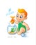Zodiac sign PISCES. Cute baby boy fishes in the aquarium using a net to fish. Horoscope sign PISCES.