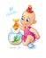 Zodiac sign PISCES. Cute baby girl fishes in the aquarium using a net to fish. Horoscope sign PISCES.