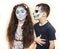 Zombie apocalypse kids concept. Birthday party celebration facepaint on children dead bride, and skeleton boy and girl