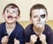 Zombie apocalypse kids concept. Halloween party celebration facepaint on children dead bride, scar face, skeleton