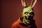 Zombie in bunny costume. Portrait of undead in suit of hare. Halloween. Generative AI.