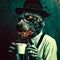 Zombie dog wearing eyeglasses and hat drinking a cup of coffee