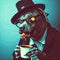 Zombie dog wearing eyeglasses and hat drinking a cup of coffee