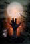 Zombie hand rising out from the ground. Halloween vertical background. Graveyard with tombstones and moon. Vector