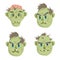 Zombie head scary spooky emotion icons set.