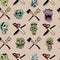 Zombie heads, bits, ax, chainsaw, machete, calligraphy. Color illustration. Pattern, texture, background picture. Can be used for