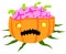 Zombie pumpkin with a brain inside eating worms on a white background.