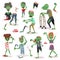 Zombie scary cartoon people character Halloween people body parts group of cute green character monsters vector