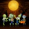 Zombies party cartoon Halloween costumes in graveyard