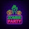 Zombies party. Neon sign on dark brick background.