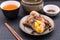 Zongzi or Asian Chinese sticky rice dumplings with Yellow tea, s