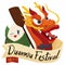 Zongzi Dumpling, Paddle and Dragon behind Greeting Scroll for Duanwu Festival, Vector Illustration
