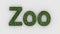 Zoo - 3d word green on white background. grass render furry letters. Wild Zoo Animals, animal at safari park. emblem logo design