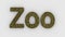 Zoo - 3d word yellow on white background. render furry letters. Wild Zoo Animals, animal at safari park. emblem logo design