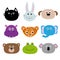 Zoo animal head face. Cute cartoon character set. Baby children education. Cat, rabbit, hare, jaguar, dog, hippopotamus, elephant,