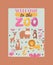 Zoo animals poster, vector illustration. Zoological card with cute cartoon exotic animal characters. Hippo, lion, bear