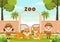 Zoo Cartoon Vector Illustration with Safari Animals Lion, Tiger, Cage and Visitors on Territory on Forest Background Design