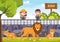 Zoo Cartoon Vector Illustration with Safari Animals Lion, Tiger, Cage and Visitors on Territory on Forest Background Design