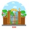 Zoo entrance with waterfall and parrots on tree