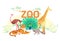 Zoo flat web banner. Group of cartoon animals on white horizontal cover or social media header. Ostrich giraffe tiger