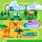 Zoo map concept. Wild animals in jungle family park, vector flat illustration. Summer fun background