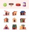 Zoo market. Domestic animals accessories toys for dogs wooden house pets bowl water bottles bones garish vector