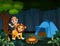 Zookeeper boy and a lion in jungle at night