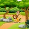 Zookeeper man with a lion walking around the jungle