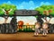 Zookeeper and wild animals at zoo entrance illustration