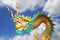 Zoom blurring china dragon statue flying in the sky.