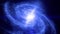 Zoom in. A large galaxy rotates and emits bright blue light. Anamorphic optical flashes.