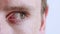 Zoom of man eyes blinking, vision and suspicious isolated on studio background. Details of a male trying to see clearly