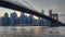 Zoom out of the Brooklyn Bridge as night falls