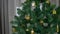 Zoom out Dolly track out close up indoors shot. Green christmas tree with gold decoration. Christmas decorations gold