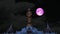 Zoom out full pink moon rise on the night sky and white cloud moving pass buddha standing