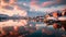 Zoom out time-lapse A city of calm waters in front of icebergs shrouded under an orange and blue sky