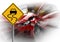 Zoom on a red car accident with danger yellow sign