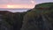 Zoom in shot of birds on mossy green sea stack in Bandon, Oregon Coast