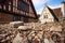 zoom on stones making up the base of a tudor gable