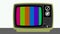 Zoom in then fixed shot on a retro tv with test patterns on screen, drawing flat design Television, vertical multicolored lines,