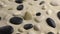 Zoom of a white stone standing in the sand among the garden of stones.