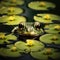 A zoomed-in perspective of a frog on a lily pad, its eyes just above the water, watching the world go by