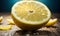 A zoomedin shot of a sliced lemon on a rustic wooden table