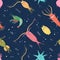 Zooplanktons drifting underwater, seamless pattern - flat vector illustration.